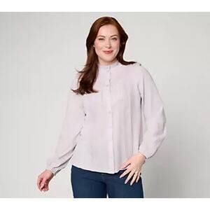 LOGO Lavish Lori Goldstein Lace-Trim Pintuck Button-Front Top Sz L Lavender Gray
